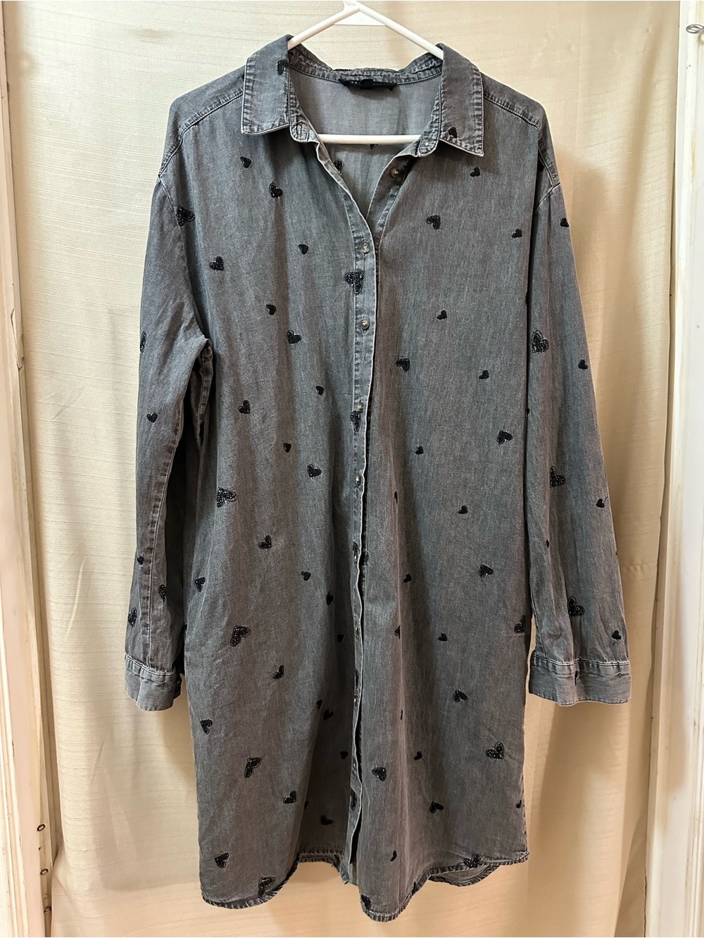 Jane + Delancey Gray Heart Print Chambray Shirt Button Up Dress Large Midi